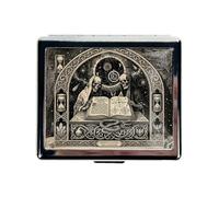 Silver Vintage Pill Box 7 Day Metal Pill Box with Mirror and 8 Compartments Cute Travel Pill Organizer for Purse (Skeleton Mage)