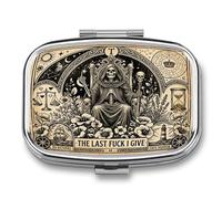 Silver Vintage Pill Organizer with Mirror, 8 Compartments Chrome Travel Pill Case for Purse, Compact Portable Medicine Box for Vitamins, Tablets and Small Essentials(The Skeleton on the Throne)