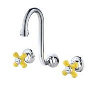 Silver Wall Mount Bathroom Faucet - 2 Handle Widespread 3 Hole Mixer Tap with 360° Swivel Spout & Brass Rough-in Valve for Modern Bathroom Sink
