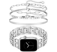 Silver Watch Band and 3Pc Bracelet Set Compatible with Apple Watch Band 42/44/45/46/49mm Adjustable Metal Band Cowboy Steel Chain Bracelet for iWatch Series1/2/3/4/5/6/7/8/9/10/SE (No Case)