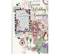 Silver Wedding Anniversary Card 25 Years, 9 x 6 Inch Luxury Greeting Card with Plastic Keepsake Plaque, Floral Hearts Design for Husband Wife Couple