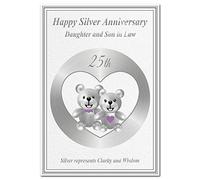 Silver Wedding Anniversary cards 25th Year 25 Twenty-Five Happy Milestone (Daughter and Son in Law card - Cute Teddy Bears)