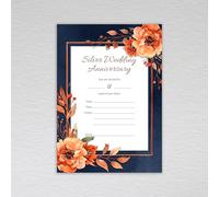 Silver Wedding Anniversary Invitations - Elegant Navy & Burnt Orange Anniversary Party Invites with a Botanical Theme - A6 Blank Invite Cards (Pack of 50 without Envelopes)