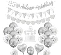 Silver Wedding Decorations, 25th Wedding Anniversary Decorations Happy 25th Anniversary Balloons Silver White Balloons Heart Balloon Banner Cake Topper