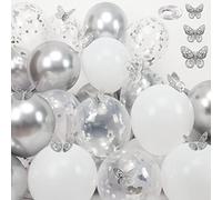Silver White Balloons and Butterfly Stickers Set, 30 PCS 12 Inch Confetti Balloons, with 12 PCS Silver Butterfly Stickers for Wedding, Birthday, Party Decorations