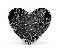 Silver White Hand Drawn Sea Turtle Lotus Flowers on Black Heart Brooch Pin, Unisex Smooth Surface Lapel Tie Pin, Lightweight Badge Jewelry Crafts Decor for Costume Accessory Men Women