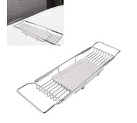Silver White Shower Caddy For Bathtub Stainless Steel Adjustable Tray Extending Sides Bathroom Storage Organizer For Bath