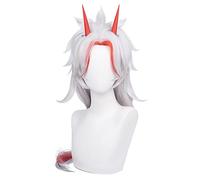 Silver White Wig Mix Red Long Straight with Horn Bangs Heat Resistant Synthetic Hairs Costume for Women Men Halloween Cos Anime Party Replacement Wigs