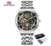 (silver, With Packaging) VA VA VOOM Fashion Luminous Quartz Watches Men Business Watch Male Stainless Steel Mesh Belt Skeleton Quartz Wrist Watch Relogio Masculino Male Clock