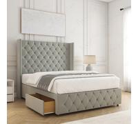 (Silver (without Mattress), 4ft Small Double) Ruby Divan Double Bed Frame with Mattress Included Plush 54inch Wingback Chesterfield Headboard 2 Storage Drawers Footend Side