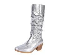 Silver Women Everyday Casual Small Height Western Cowboy Boots with Fashionable Temperament But Not Over The Knee Mid Heel and Midsole Perfect for Outdoor Adventures