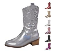 Silver Women Western Cowboy Boots Metallic Pointed Toe Embroidered Cowgirl Boot Mid-Calf Pull-On Chunky Heel Ankle Mid Shaft Fashion Boots Country Music Festival Vintage Calf Length Booties UK 4