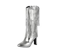 Silver Women Winter Boots Pointed Toe Side Zipper High Heel Tassel Design for Everyday Use