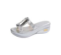 Silver Women's Glitter Wedge Mules Sandals,Metal Ring Decor Stylish,Slip on Platform Slides Sandals for Ladies Footwear Size 6.5