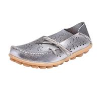 Silver Women's Loafers & Moccasins Comfort Wide Fit Walking Cute Flat Loafer Flower Hollow Out Soft Cowhide Leather Loafer Flat Shoes Slip-Ons Ladies Loafers Slippers Footwear UK Size 7.5