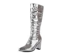 Silver women's metal boots for elegant performances on the catwalk, festive occasions such as wedding parties with evening wear as well as for the night club as stylish T-stage boots in trendy, silver