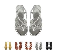 Silver Women's Strappy Braided Flat Sandals Open Toe Bohemian Dressy Ankle Strap Casual Summer Thong Sandals for Beach UK 4