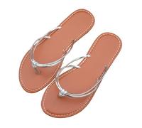 Silver Women's Thong Sandals Metallic Slim Minimalist Strappy Thong Flat Sandals Open Toe Sparkly Dressy Cute Slip on Slide Vacation Summer Weeding Flats Sandal Ladies Footwear Size 7