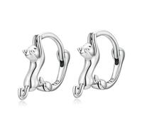 (silver) Wostu Real 925 Sterling Silver Black Cute Cat Stud Earrings For Women Fine Jewelry Party Gift Rose Gold Animal Hoop Aretes