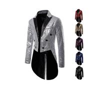 (Silver, XL) Men Shiny Sequin Glitter Embellished Blazer Jacket Men Nightclub Prom Suit Blazer Costume Homme Singers Stage Clothes Tuxedo New