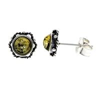 SilverAmber Jewellery - Classic Genuine Honey Baltic Amber 925 Sterling Silver Antique Look Bloom Button Ball Studs Round Earrings 5940