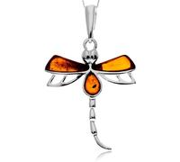 SilverAmber Jewellery UK - 925 Sterling Silver & Genuine Baltic Cognac Amber Dragonfly Pendant - GL2049C