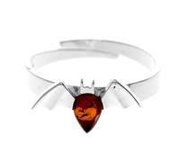 SilverAmber Jewellery UK - Genuine Baltic Amber & 925 Sterling Silver Bat Designer Adjustable Ring - AR16