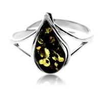 SilverAmber Jewellery UK - Genuine Green Baltic Amber & 925 Sterling Silver Modern Designer Adjustable Ring - G403GA