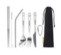 SILVERANT Titanium Cutlery Set, Lightweight Camping Utensils Combo Including Resuable Knife Fork Spoon Chopsticks Straw for Travel & Home Office Flatware Set (213 Plus- Polished)