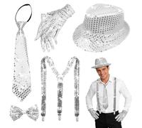SilverChry Glitter Outfit, Glitter Costume Accessories, 5-Piece Set with Sequins Hat, Braces, Bow Tie, Tie, Gloves, Sequin Costume for Party Carnival (Silver)