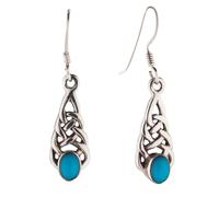 Silverly 925 Silver Celtic Knot Drop Earrings With Oval Turquoise Gemstone - Sterling Silver Knotwork Earrings for Women - Long Woven Openwork Teardrop Design - Traditional Irish Jewellery