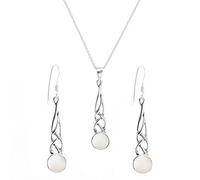 Silverly 925 Silver Celtic Knot Teardrop Jewellery With Round Mother of Pearl - Sterling Silver Knotwork Earrings and Necklace for Women - Long Braided Drop Design - Traditional Irish Jewellery