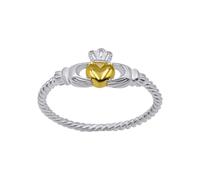 Silverly 925 Silver Claddagh Ring for Women With Gold Plated Heart - Traditional Irish Heart Ring in Sterling Silver - Twisted Rope Band - Two-Tone Promise Rings