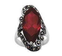 Silverly 925 Silver Large Red Marquise CZ Ring With Marcasite Filigree - 20s Art-Nouveau Vintage-Style Dome Ring - Victorian Gothic Cubic Zirconia Jewellery for Women - Ornate Statement Piece