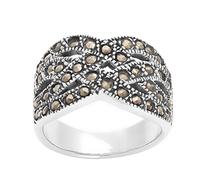 Silverly 925 Silver Marcasite Wide Band Crossover Ring Braided Openwork - Sterling Silver Chunky 1920s Art Deco Vintage-Style Rings - Gothic Statement Jewellery for Women - Art-Nouveau Sparkly Ring