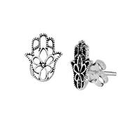 Silverly 925 Silver Small Hamsa Hand Stud Earrings for Women - Textured Ornate Filigree-Style 925 Silver Hand of Fatima Studs - Spiritual Symbolic Birthday Gifts - Flower Openwork Design