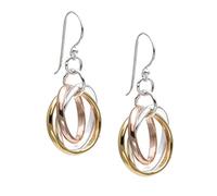 Silverly 925 Silver Three Tone Russian Wedding Dangle Earrings With Rose and Yellow Gold Plating - Classic Gold Plated Sterling Silver Triple Hoop Earrings - Interlocking Ring Jewellery for Women