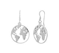 Silverly 925 Silver World Map Disc Earrings for Women - Sterling Silver Round Atlas Openwork Dangle Earrings - Gift for Travellers - Flat Earth-Shaped Design - Bohemian Adventure Jewellery
