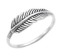 Silverly Feather Ring - 925 Sterling Silver Leaf Ring - Oxidised Vintage Style Stacking Band for Ladies - Nature Inspired Wedding Ring - Jewellery for Women Daughter Wife Girlfriend