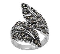 Silverly Marcasite Feather Wraparound Ring in 925 Silver 1920s Vintage-Style - Sterling Silver Wide Overlapping Leaf Ring for Women - Nature-Inspired Art-Nouveau Jewellery - Gothic Statement Rings