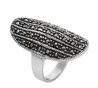 Silverly Marcasite Full-Finger Ring in 925 Silver - Sterling Silver Long Oval Armour Ring for Women - Modern Chunky Long Curved Design - Contemporary Gothic Statement Jewellery