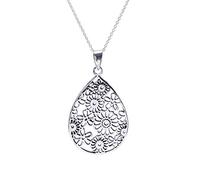 Silverly Sterling Silver 60s Flower Teardrop Necklace for Women - 925 Silver Filigree-Style Pear-Shaped Pendant on Curb Chain - Retro Floral Pattern Jewellery - Ornate Daisy Openwork Design