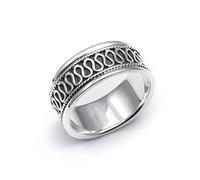 Silverly Sterling Silver Flat-Edge Ring With Bali-Style Scrollwork - Wavy Pattern 925 Silver Court Ring for Women - Ripple Wide Flat Band For Men - Unisex Boho Jewellery - Couple's Promise Rings