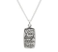 Silverly Sterling Silver Inspirational Quote Rectangle Pendant Necklace for Women With Engraved Words "Live Well, Laugh Often, Love Life" - Positive Message Jewellery Gift - Dog Tag Pendant on Chain