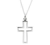 Silverly Sterling Silver Large Open Cross Pendant Necklace for Men - Flat-Edge 925 Silver Cross Pendant on 18" Curb Chain - Modern Christian Jewellery for Women - Religious Gift