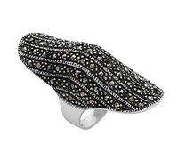 Silverly Sterling Silver Marcasite Armour Ring - Sparkling 925 Silver Long Shield Ring - Gothic Medieval-Style Full-Finger Rings for Women - 1920s Art-Deco Vintage-Style Statement Jewellery