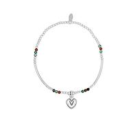 Silverly Sterling Silver Multicolored Agate Noodle Tube Bead Stretch Bracelet With a Puffed Heart Charm - Stacking Elastic Beaded Ball Bracelet for Women - Round Colorful Rainbow Gemstone Gift