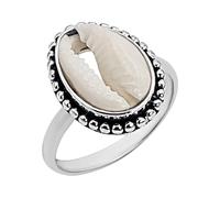 Silverly Sterling Silver Natural Cowrie Shell Ring - Bali Style Statement Jewellery for Women - Dotwork Framed Seashell - Bohemian Beach-Inspired 925 Silver Band Rings - Unique Gift for Her