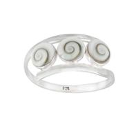Silverly Sterling Silver Triple Shiva Eye Shell Ring - Natural Saint Lucia Stone Mediterranean Jewellery - Adjustable 925 Silver White Spiral Seashell Ring for Women - Beach-Inspired Coastal Rings