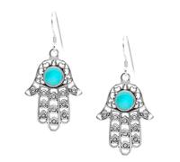 Silverly Sterling Silver Turquoise Filigree Hamsa Hand Dangle Earrings for Women - 925 Silver Hand of Fatima Hook Earrings - Intricate Floral Openwork Design - Symbolic Jewellery - Spiritual Gift